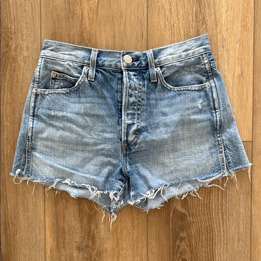 AMO Light Blue High-Rise Cutoff Denim Shorts